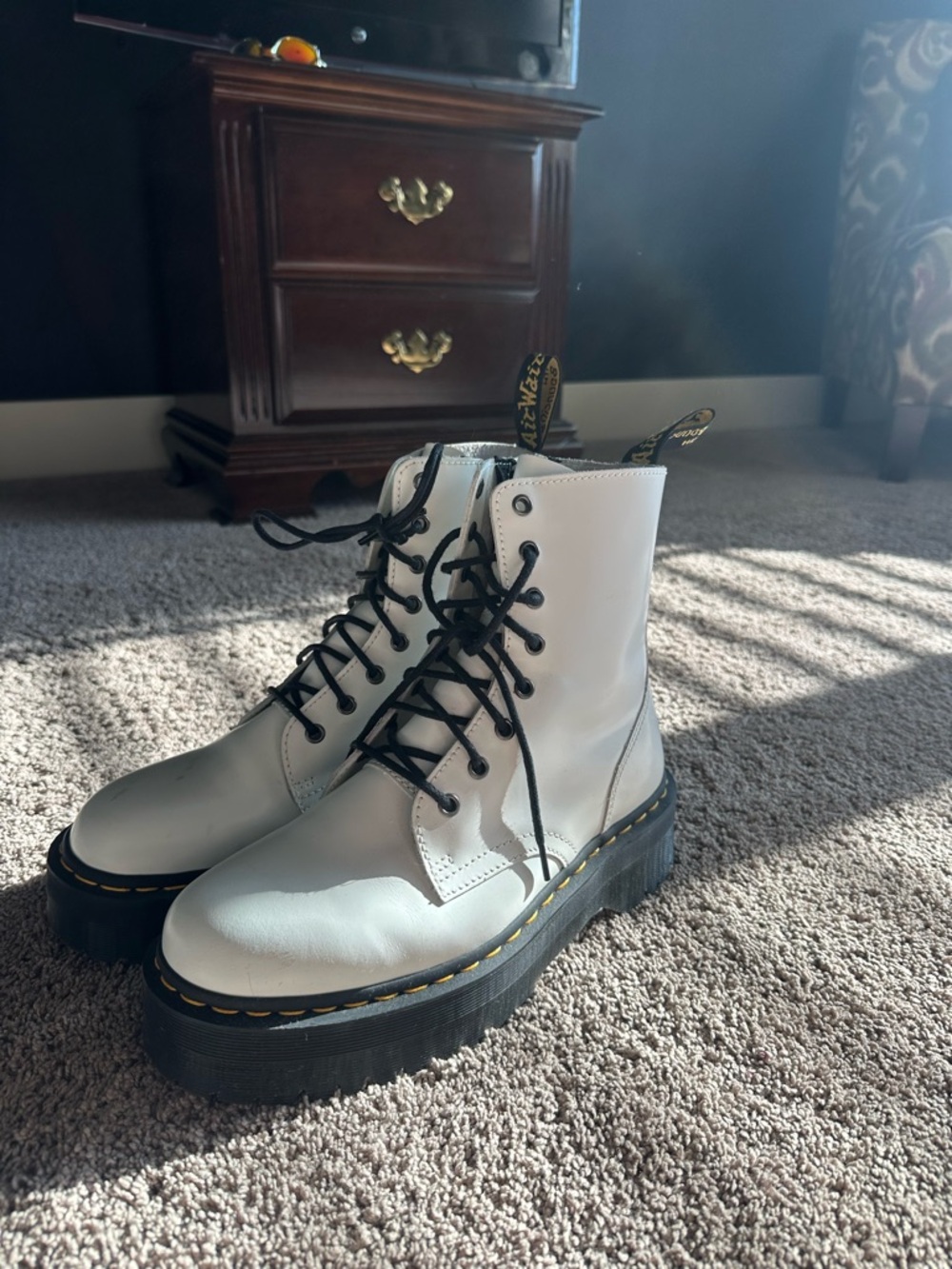 Dr. Martens White Leather Platform Lace-Up Boots with Black Laces